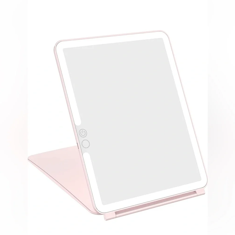 Pink WEILY Folding Tabletop Makeup Mirror w LEF Lights 3 Colors Adjustable